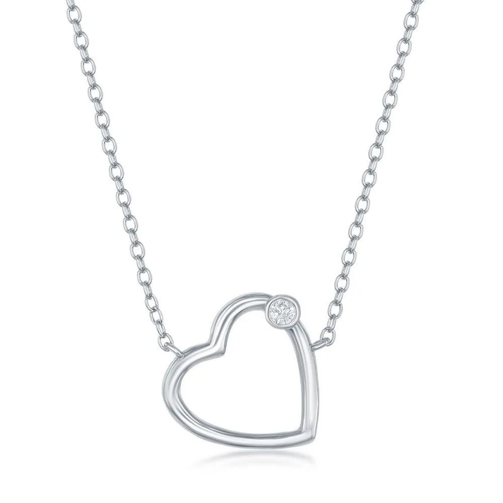 Classic Jewelry Sterling Silver Heart with Single Cubic Zirconia Necklace
