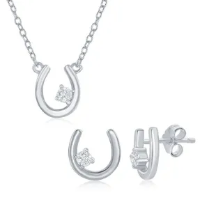 Classic Jewelry Sterling Silver Horseshoe with Single CZ Necklace & Earrings Set