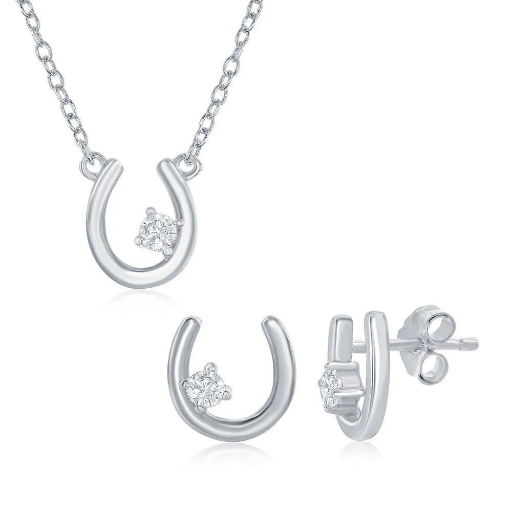 Classic Jewelry Sterling Silver Horseshoe with Single CZ Necklace & Earrings Set
