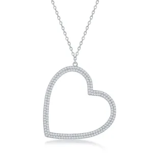 Classic Jewelry Sterling Silver Large Micro Pave Open Heart Necklace