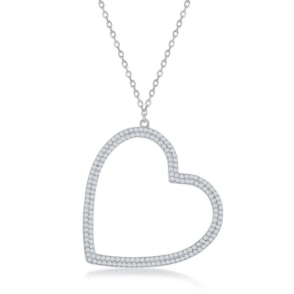 Classic Jewelry Sterling Silver Large Micro Pave Open Heart Necklace