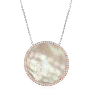 Classic Jewelry Sterling Silver Mother of Pearl Disc with CZ Border Necklace