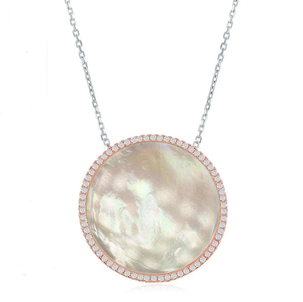 Classic Jewelry Sterling Silver Mother of Pearl Disc with CZ Border Necklace