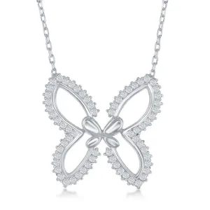 Classic Jewelry Sterling Silver Open Butterfly with CZ Border Necklace