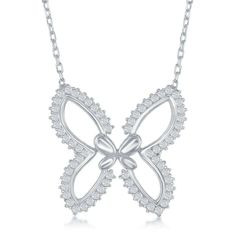 Classic Jewelry Sterling Silver Open Butterfly with CZ Border Necklace