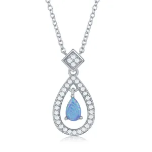 Classic Jewelry Sterling Silver Open CZ Border and Center Opal Teardrop Necklace