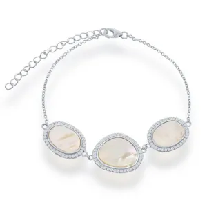 Classic Jewelry Sterling Silver Oval and Irregular MOP CZ Border Bracelet, 7.5"