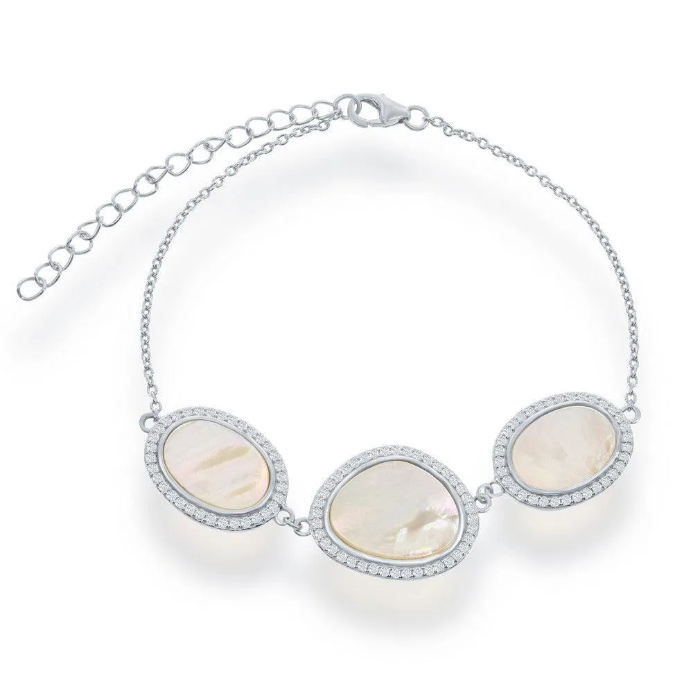 Classic Jewelry Sterling Silver Oval and Irregular MOP CZ Border Bracelet, 7.5"