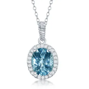 Classic Jewelry Sterling Silver Oval Blue Topaz with White Topaz Border Necklace
