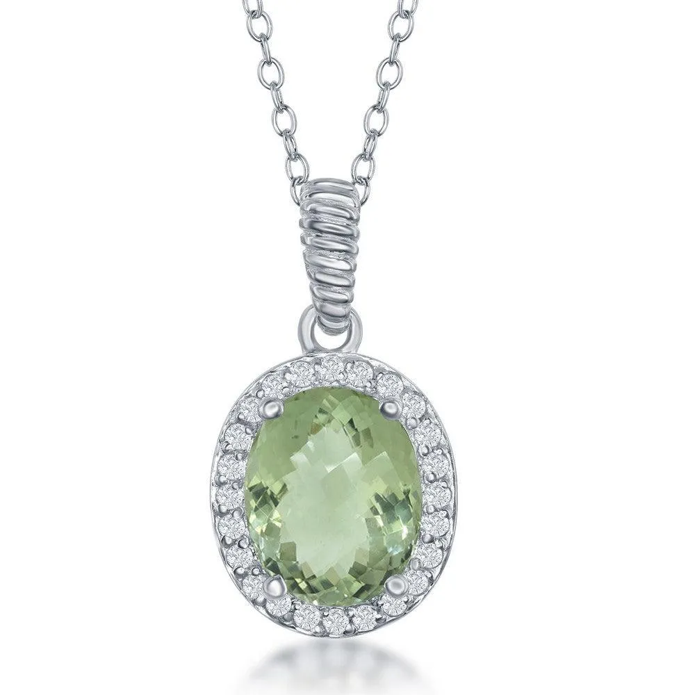 Classic Jewelry Sterling Silver Oval Green Amethyst with Topaz Border Necklace