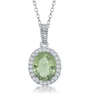 Classic Jewelry Sterling Silver Oval Green Amethyst with Topaz Border Necklace