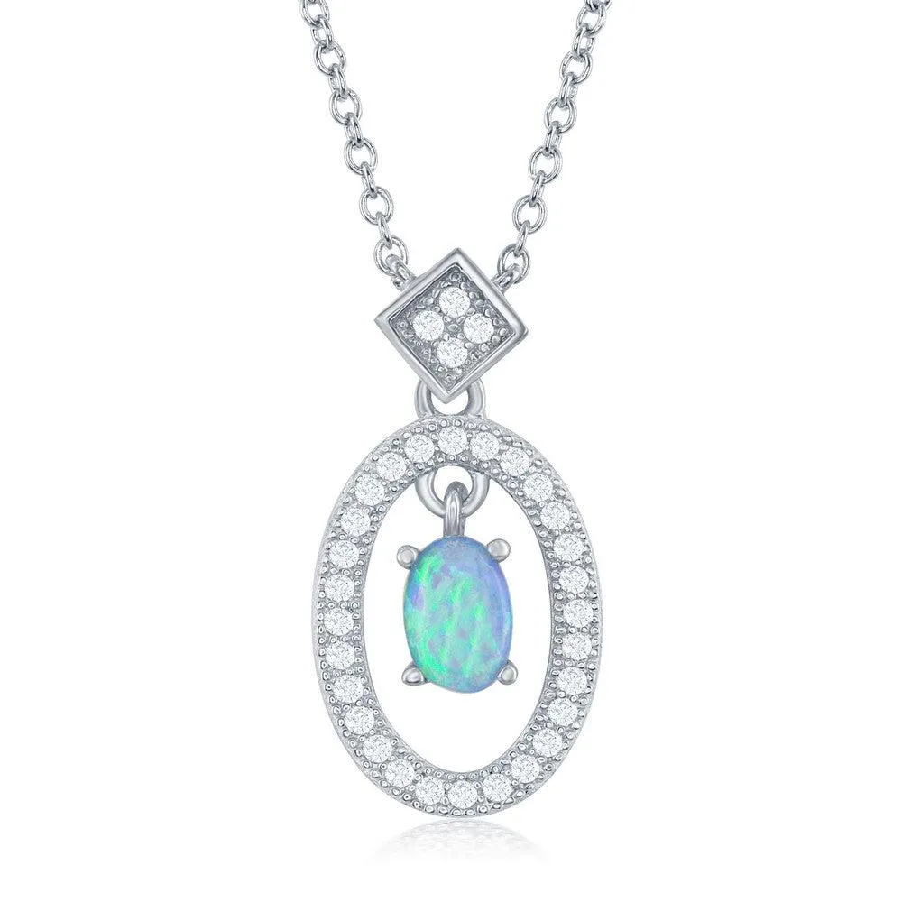 Classic Jewelry Sterling Silver Oval with Center Opal with CZ Border Necklace