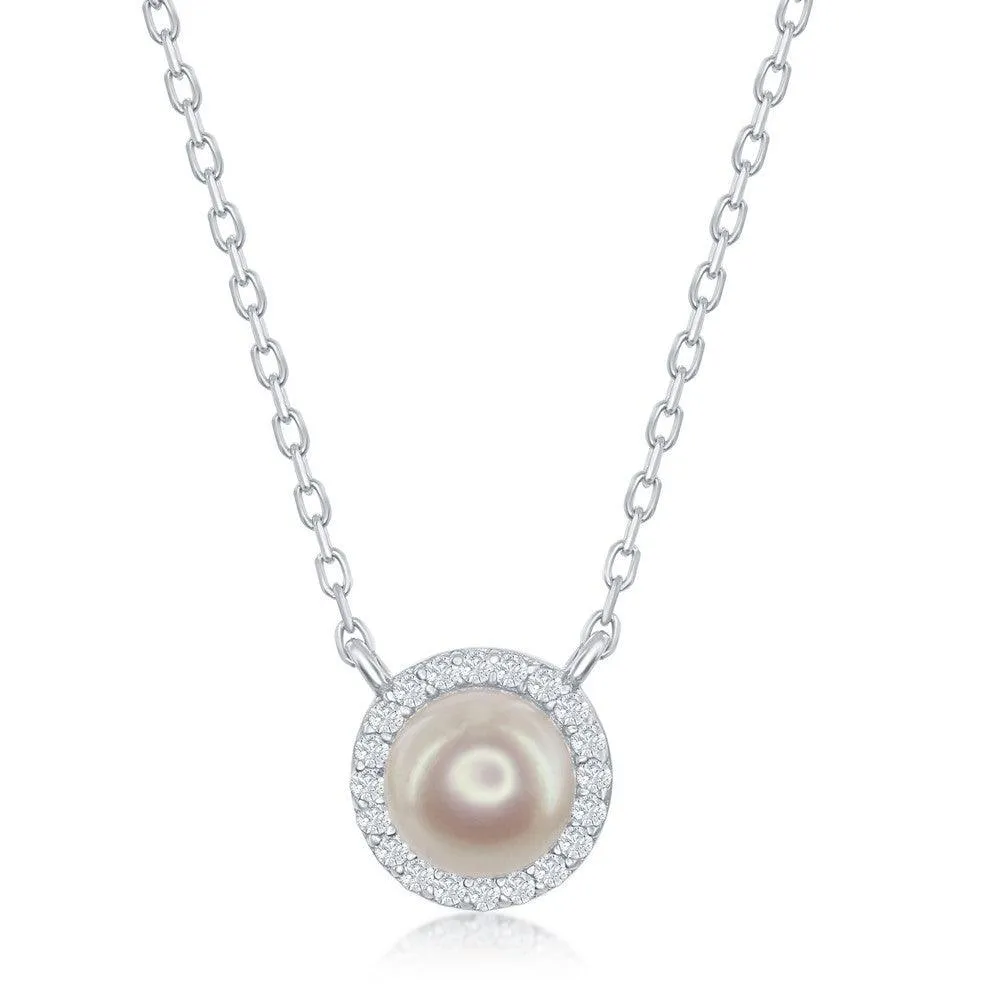 Classic Jewelry Sterling Silver Pearl with Cubic Zirconia Border Necklace
