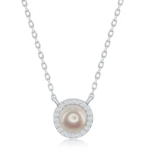 Classic Jewelry Sterling Silver Pearl with Cubic Zirconia Border Necklace