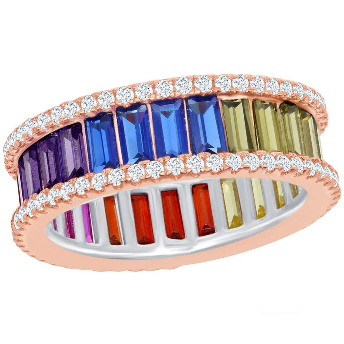 Classic Jewelry Sterling Silver Rainbow Baguette CZ Band Ring - W-2040