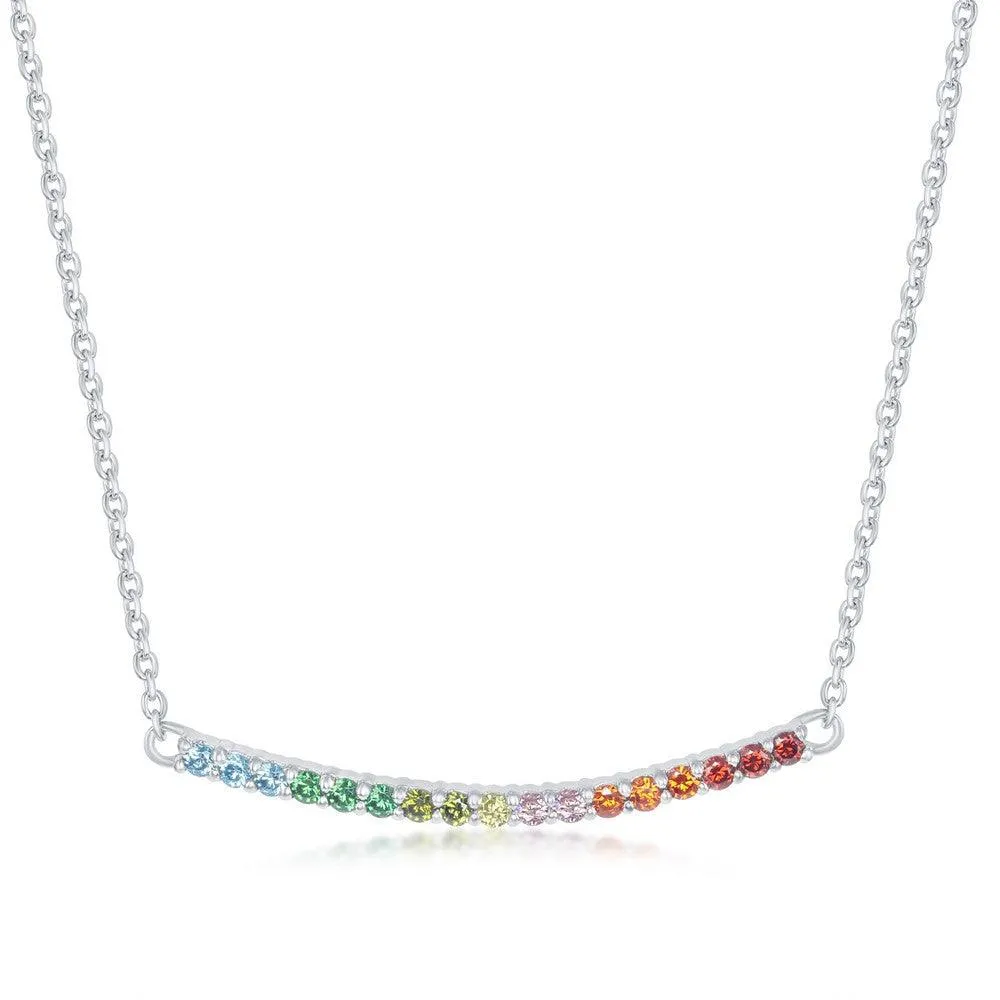 Classic Jewelry Sterling Silver Rainbow Cubic Zirconia Curved Bar Necklace
