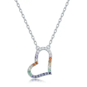 Classic Jewelry Sterling Silver Rainbow Cubic Zirconia Sideways Heart Necklace