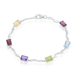 Classic Jewelry Sterling Silver Rectangular Multi Colored Gemstone Bracelet, 7"