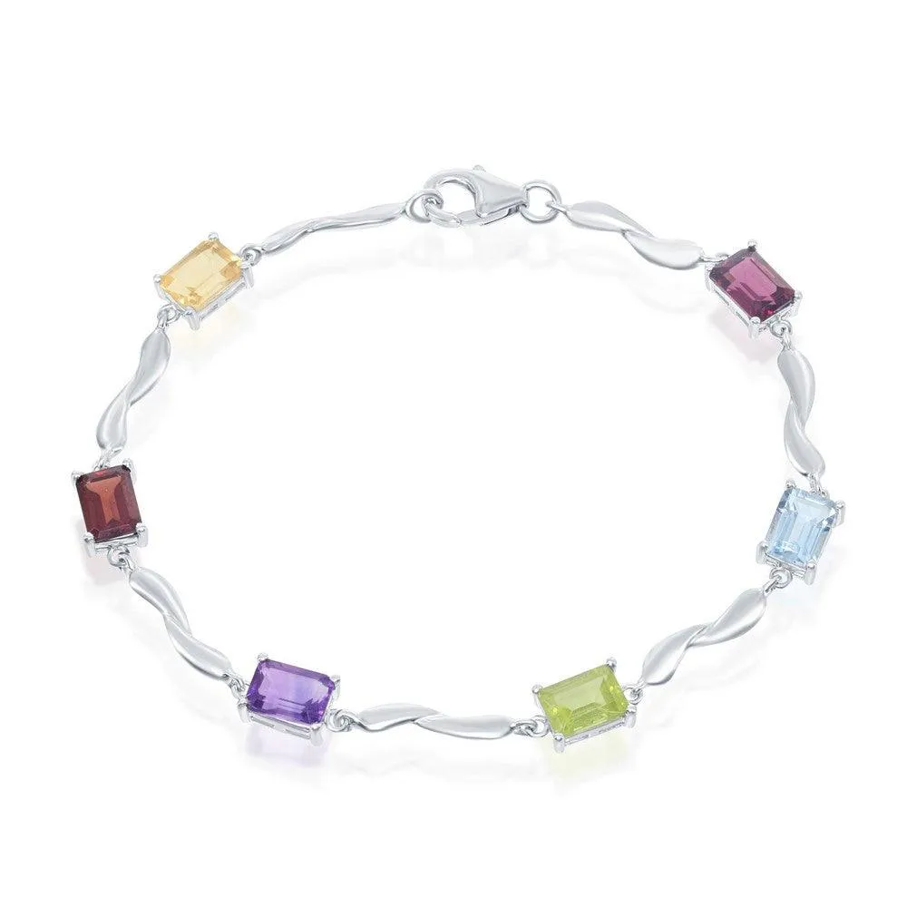 Classic Jewelry Sterling Silver Rectangular Multi Colored Gemstone Bracelet, 7"