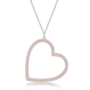 Classic Jewelry Sterling Silver Rose GP Large Micro Pave Open Heart Necklace