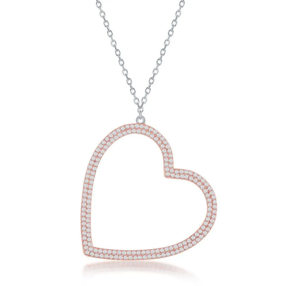 Classic Jewelry Sterling Silver Rose GP Large Micro Pave Open Heart Necklace