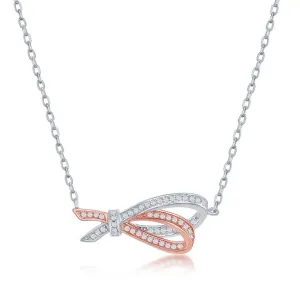 Classic Jewelry Sterling Silver Rose GP Micro Pave Double Ribbon Necklace