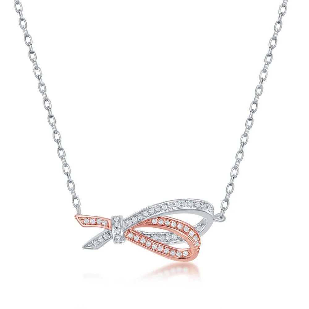 Classic Jewelry Sterling Silver Rose GP Micro Pave Double Ribbon Necklace