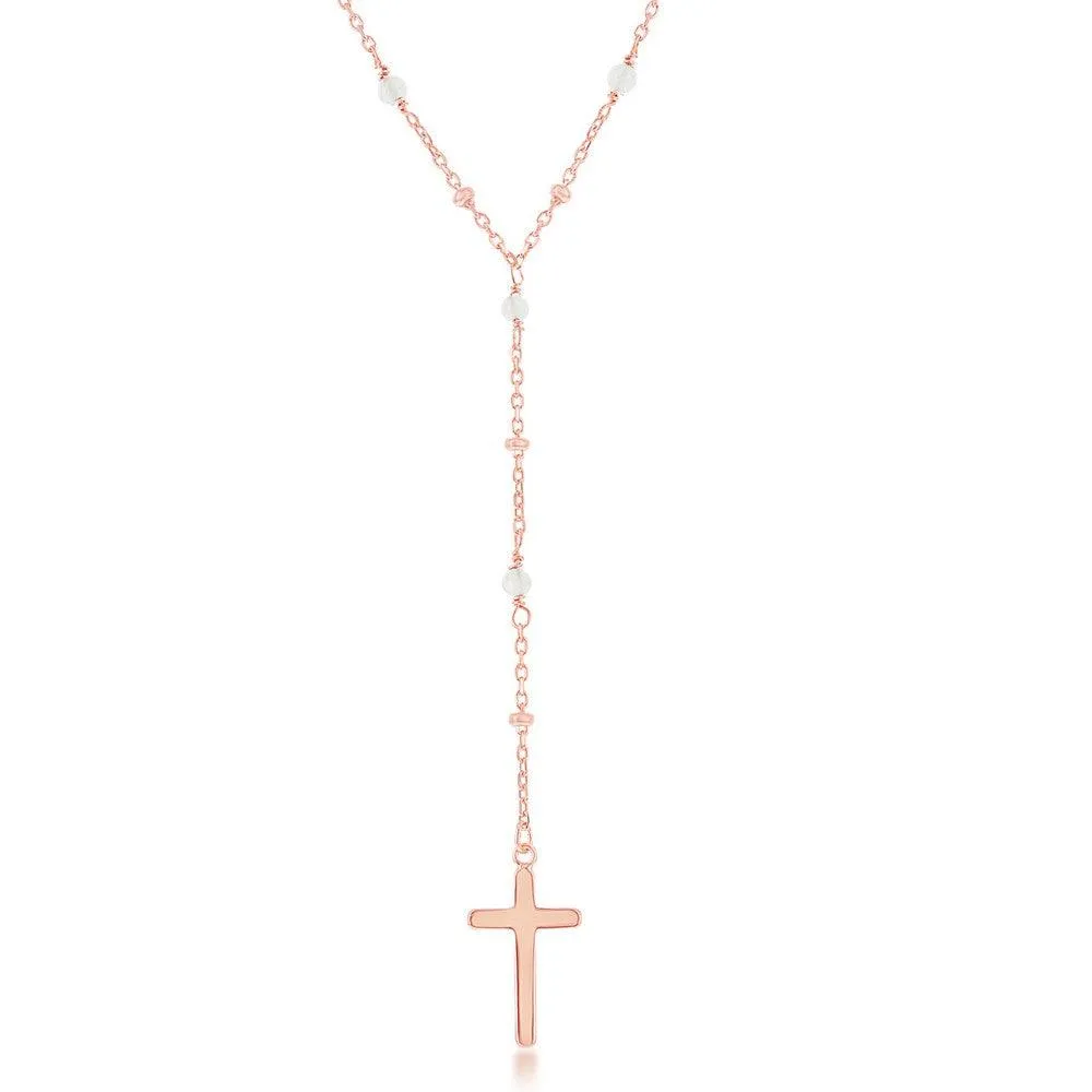 Classic Jewelry Sterling Silver Rose Quartz & Plain Beads Cross Rosary Necklace