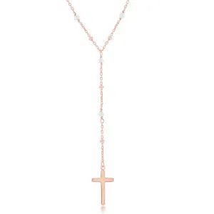 Classic Jewelry Sterling Silver Rose Quartz & Plain Beads Cross Rosary Necklace