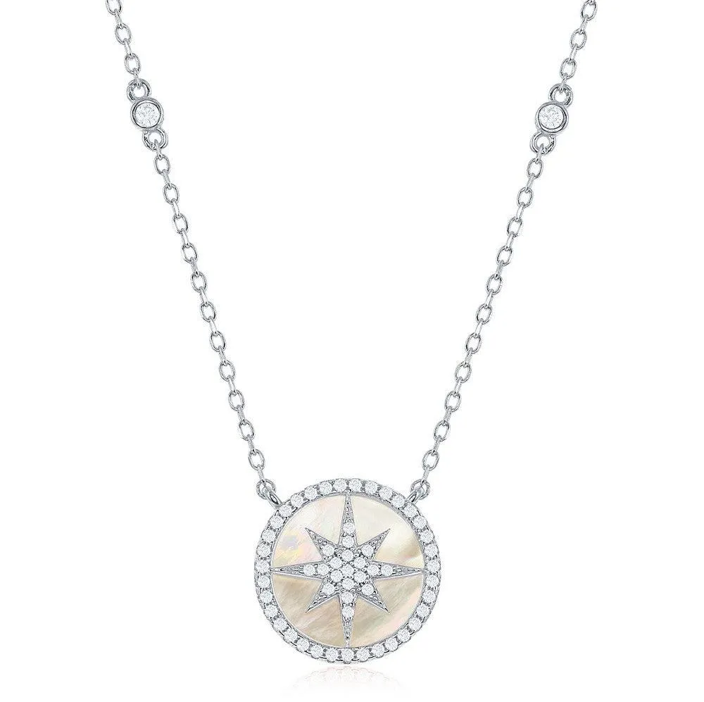 Classic Jewelry Sterling Silver Round MOP with Center Micro Pave Star Necklace