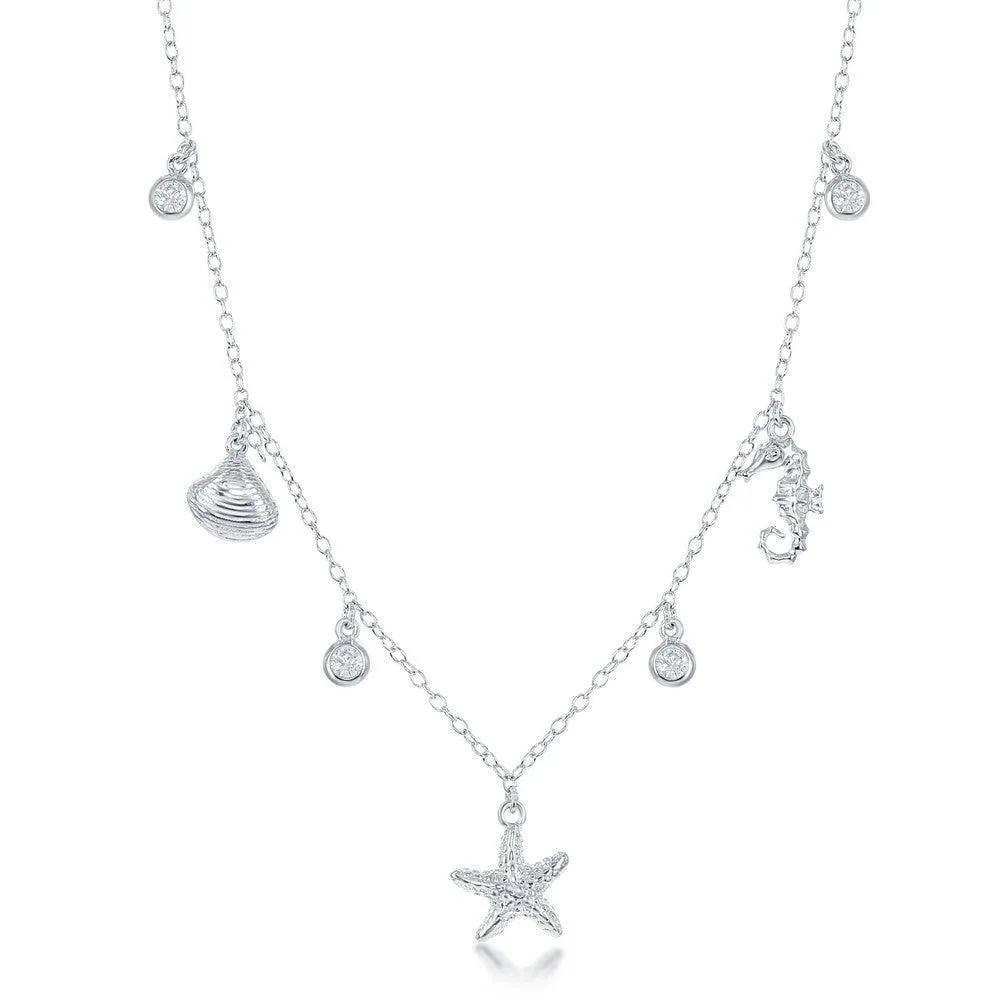 Classic Jewelry Sterling Silver Sea Shell, Starfish and Seahorse CZ's Necklace