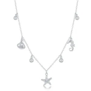 Classic Jewelry Sterling Silver Sea Shell, Starfish and Seahorse CZ's Necklace