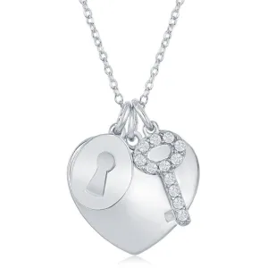 Classic Jewelry Sterling Silver Shiny Heart with CZ Lock and Key Necklace