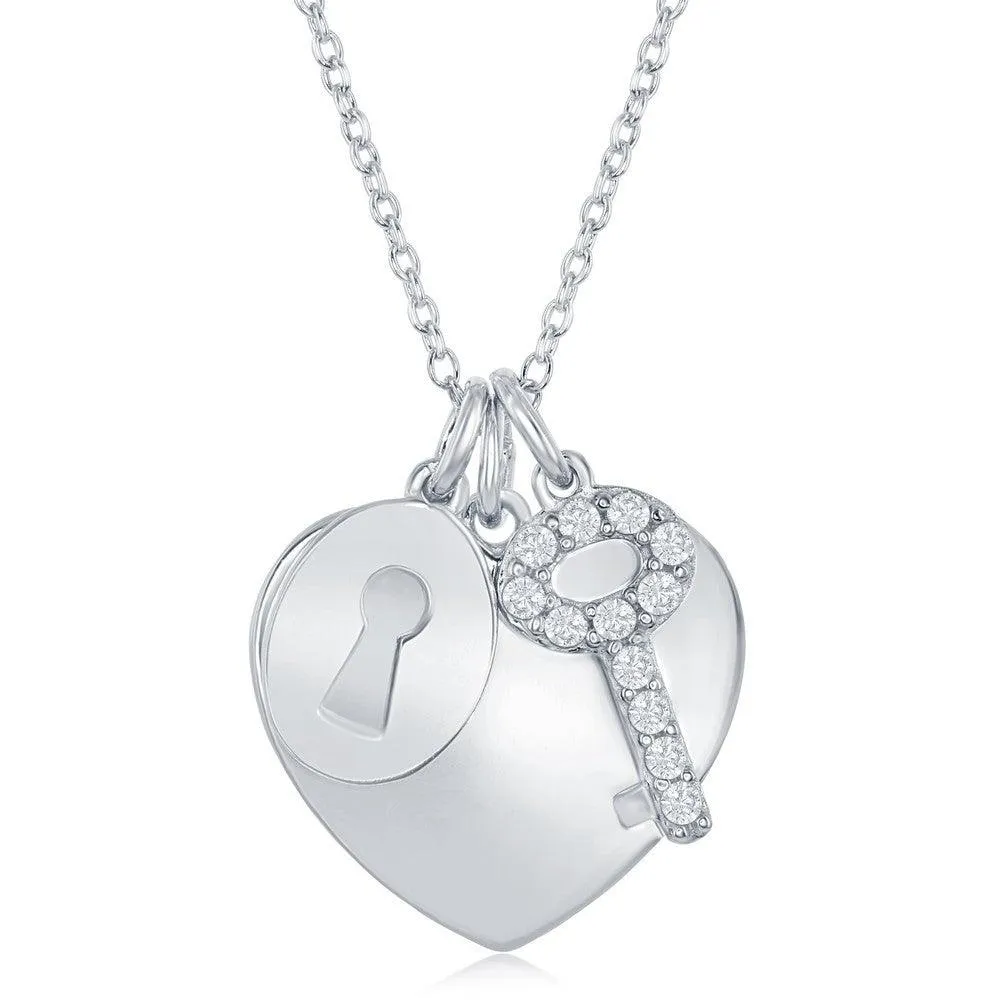 Classic Jewelry Sterling Silver Shiny Heart with CZ Lock and Key Necklace