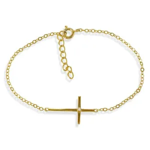 Classic Jewelry Sterling Silver Single Gold Plated CZ Sideways Cross Bracelet, 7"