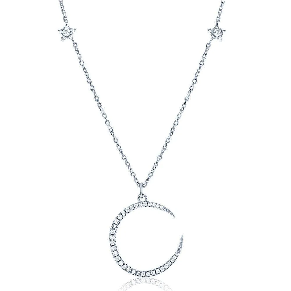Classic Jewelry Sterling Silver Thin CZ Crescent with Small CZ Stars Necklace