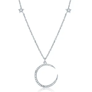 Classic Jewelry Sterling Silver Thin CZ Crescent with Small CZ Stars Necklace