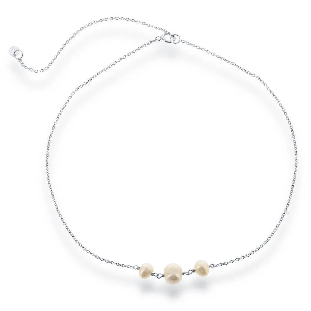 Classic Jewelry Sterling Silver Three Station Freshwater Pearls Choker Necklace