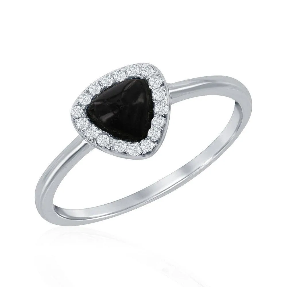 Classic Jewelry Sterling Silver Triangle Onyx with CZ Border Ring, Size 8