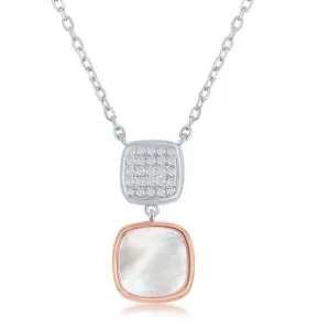 Classic Jewelry Sterling Silver TT Micro Pave and MOP Double Square Necklace