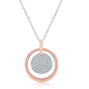 Classic Jewelry Sterling Silver TT Micro Pave Disc Rose GP Circle Necklace