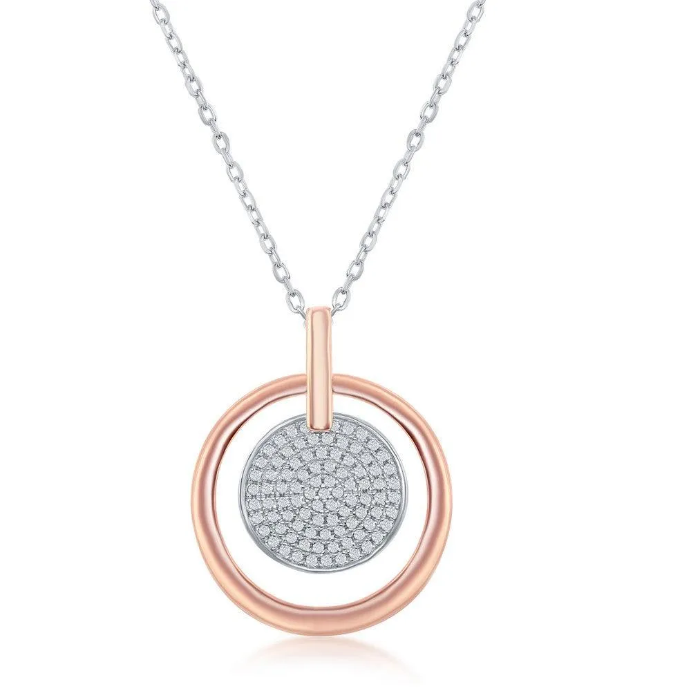 Classic Jewelry Sterling Silver TT Micro Pave Disc Rose GP Circle Necklace