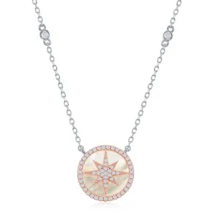 Classic Jewelry Sterling Silver TT Round MOP with Center Micro Pave Star Necklace