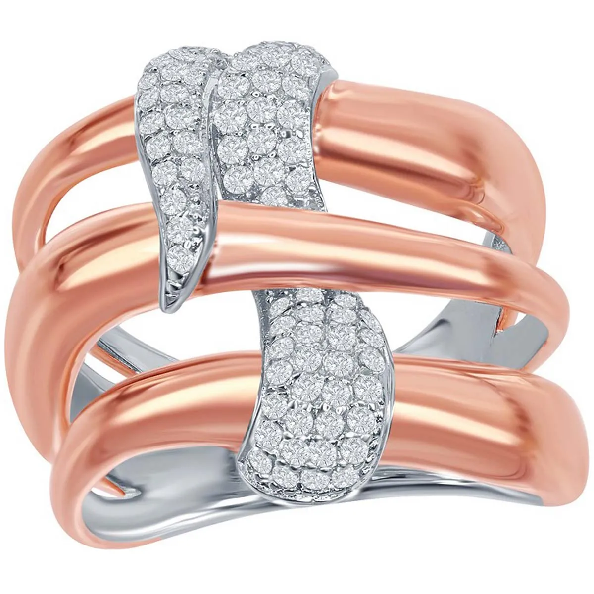 Classic Jewelry Sterling Silver TT Triple Wave Design CZ Ring - W-1869