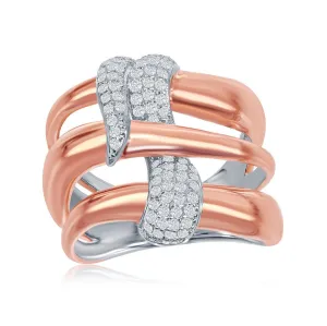 Classic Jewelry Sterling Silver TT Triple Wave Design CZ Ring - W-1869