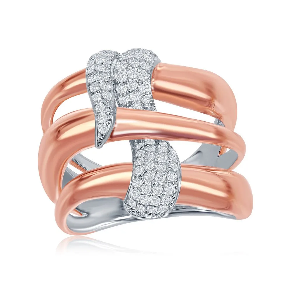 Classic Jewelry Sterling Silver TT Triple Wave Design CZ Ring - W-1869