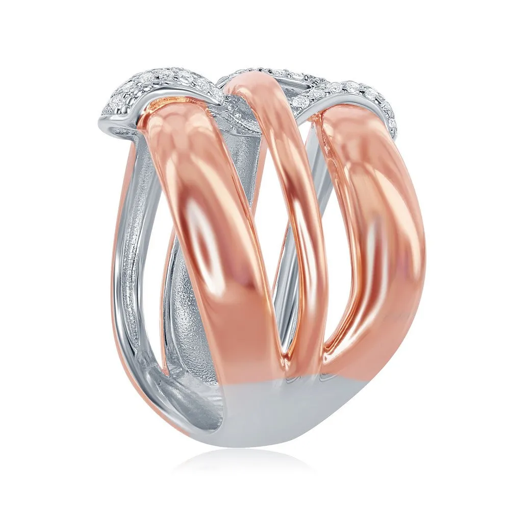 Classic Jewelry Sterling Silver TT Triple Wave Design CZ Ring - W-1869