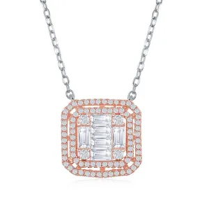 Classic Jewelry Sterling Silver Two Tone Double Square Baguette CZ Necklace