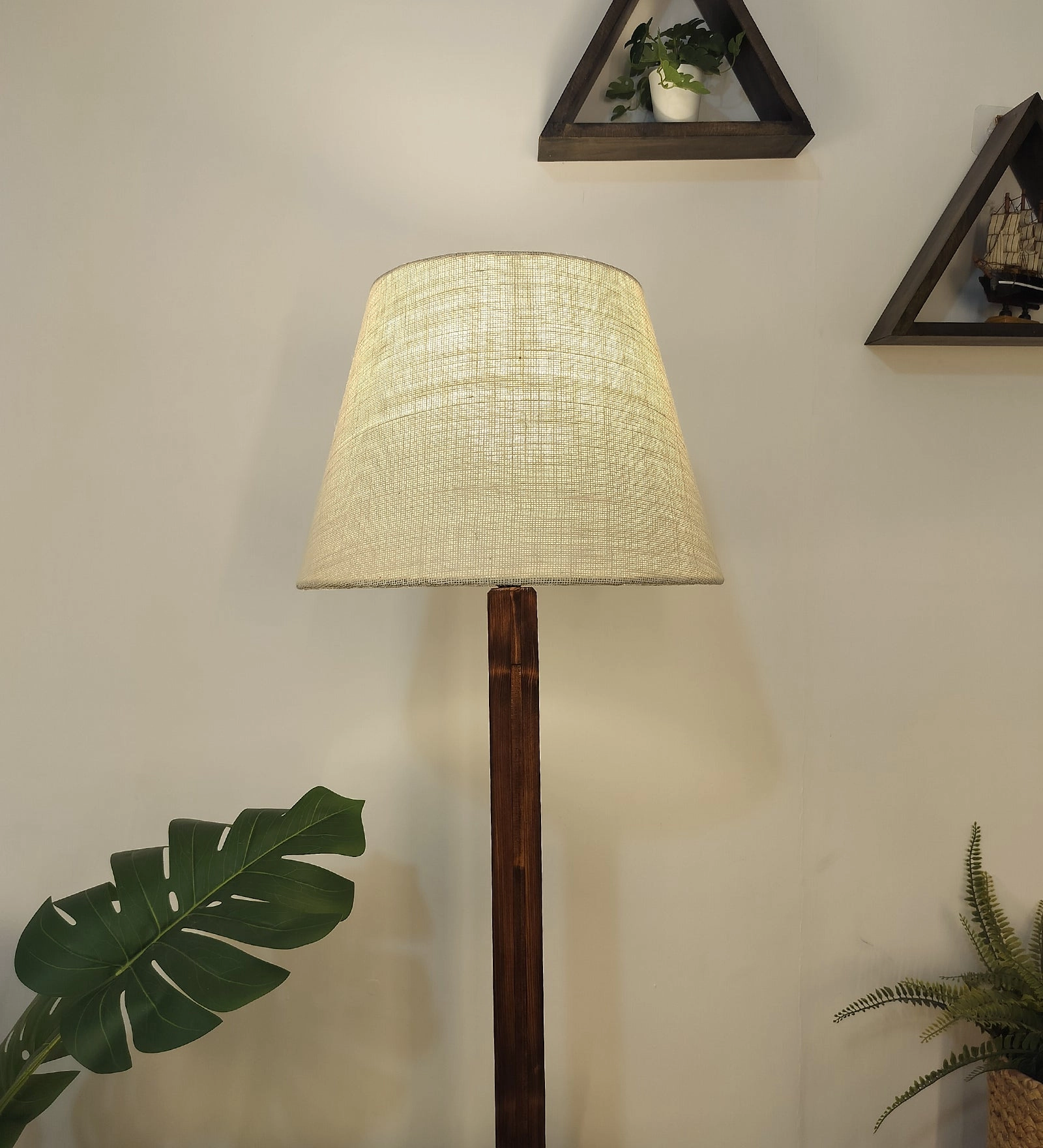 Claude Wooden Floor Lamp with Brown Base and Jute Fabric Lampshade (BULB NOT INCLUDED)