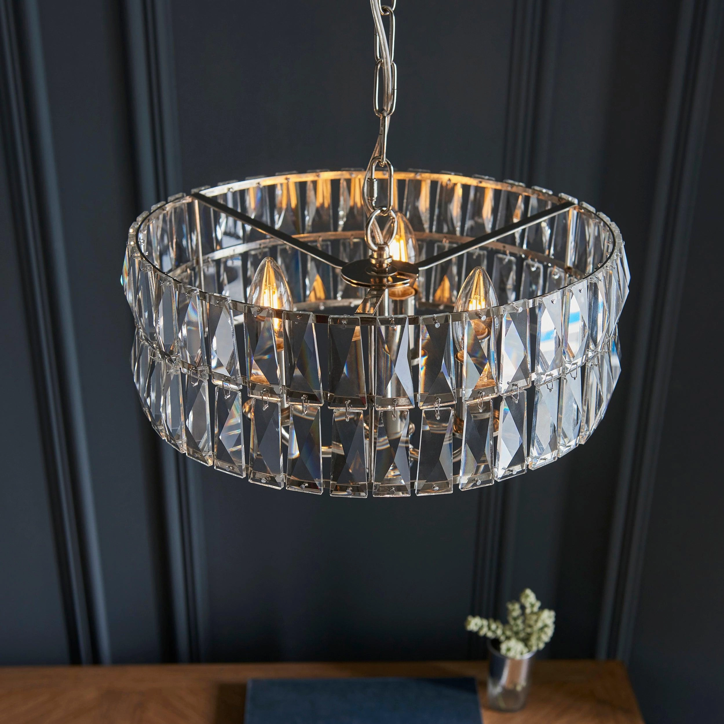 Clifton 3 Light Nickel & Clear Cut Glass Pendant